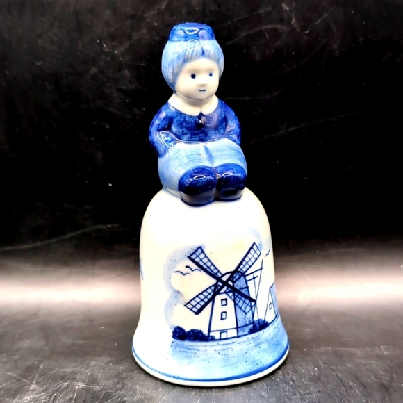 Vintage Hand Painted Delft Blue Dutch Boy Porcelain Bell - 5" Tall - Holland - Picture 1 of 9